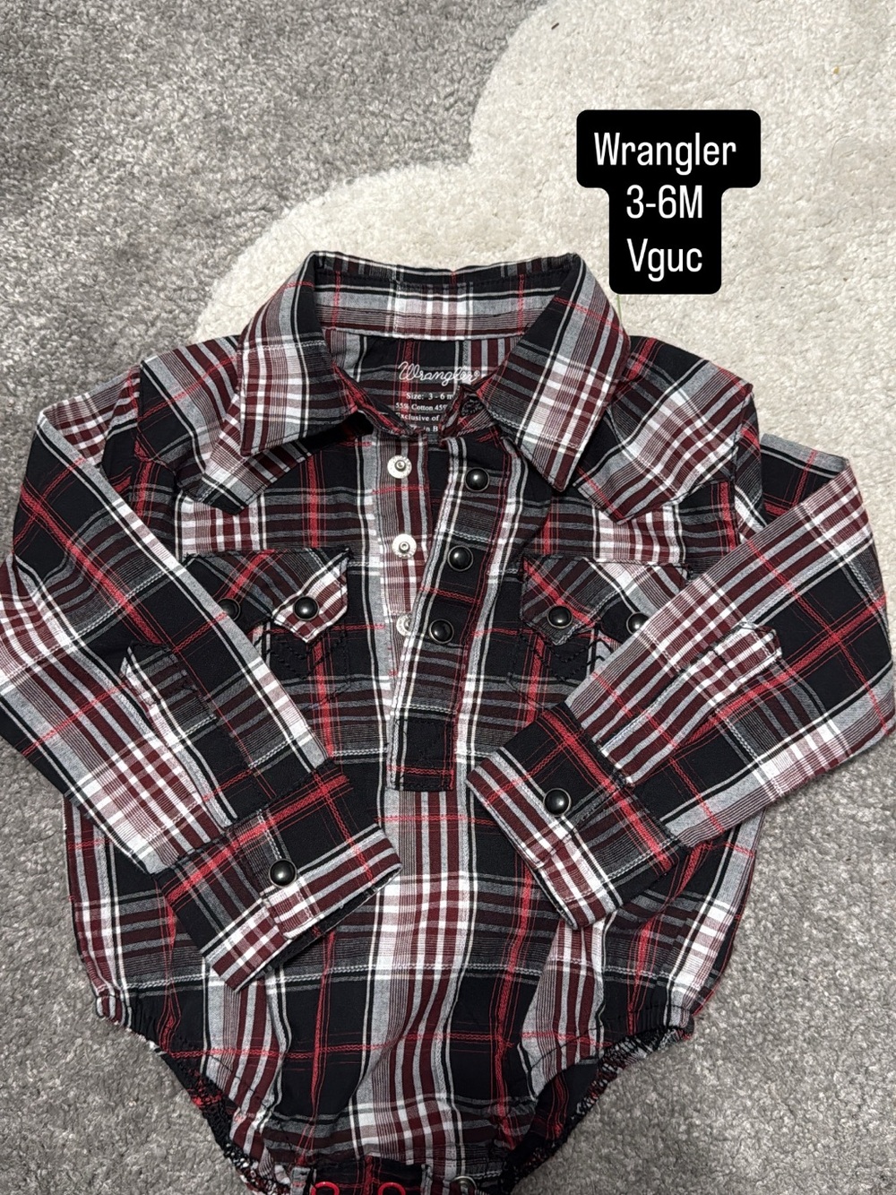 Wrangler Red Black White Plaid Button-Front Baby Bodysuit